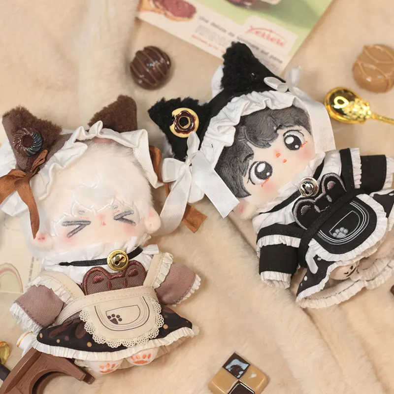 Nieuwe 10 cm Pluche Pop Kostuum Cosplay Japanse Meid Café Oor Haar Met Taart Jurk Bib Set Voor mannen Vrouwen Verjaardagscadeautjes