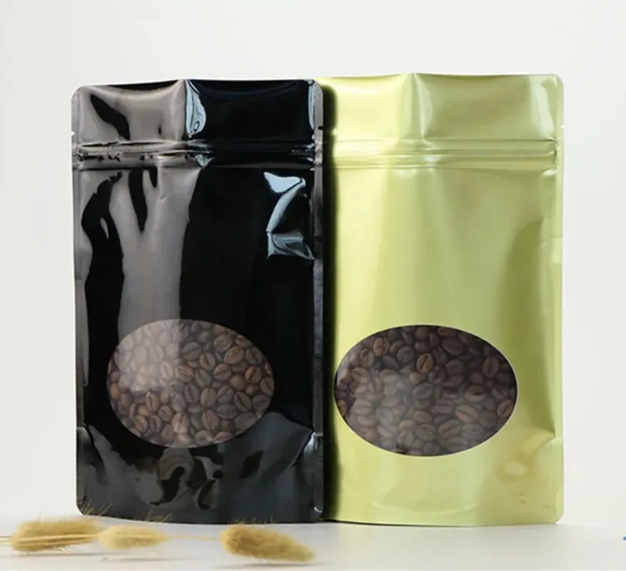 

50PCS Resealable Gold Stand-Up with Window Ziplock Bags – Thick Aluminum Foil Pouches for Coffee, Snacks, Candy, Sugar & Gifts
