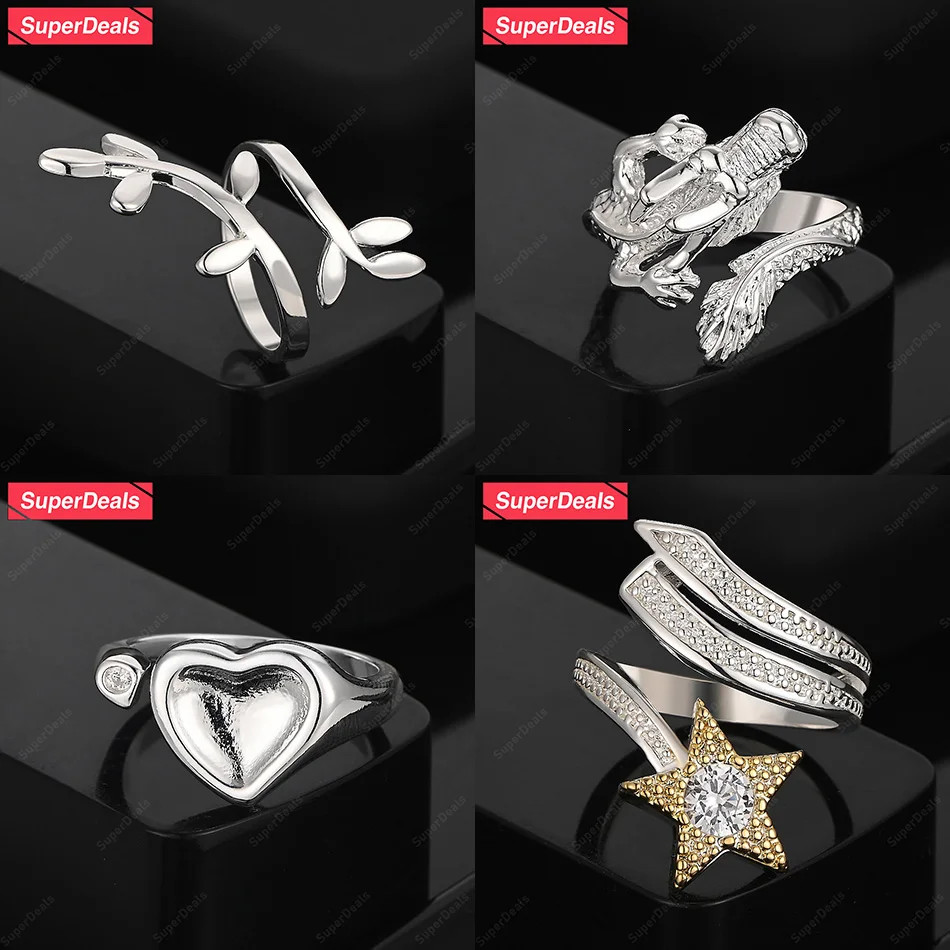 

SuperDeals 925 Sterling Silver Leaf Heart Star Dragon Open Ring Women Gift Beautiful Jewelry Engagement Party Noble Elegant