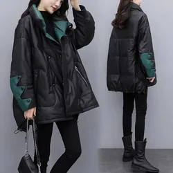 2023 New Winter Black PU Leather Down Coat Women Korean Fashion Loose Stand collar Warm Jacket Female Thicken Parkas Overcoat