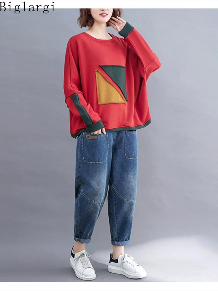 Oversized 2023 Autumn Patchwork Long Sleeves T Shirt Loose Casual Women Korea Ladies Womens Cotton T-shirt New Woman Red Tshirt