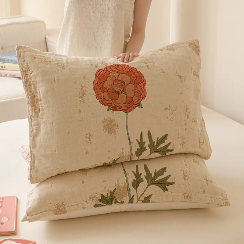2 Pcs 100% Cotton Jacquard Pillow Towel Colored Yarn Anti Slip Pillow Cover with Straps Premium Skin-Friendly Bed Accessories