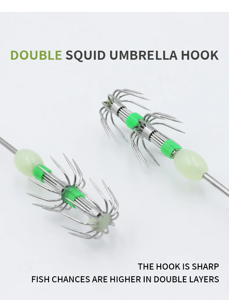10 Stück/Box ZYZHE Tintenfisch-Haken Meeresfischen Leuchtende Doppelschichtige Fischhaken in 3 Größen Regenschirm-Oktopus-Haken Sepia-Nachtangelhaken – Detail 4