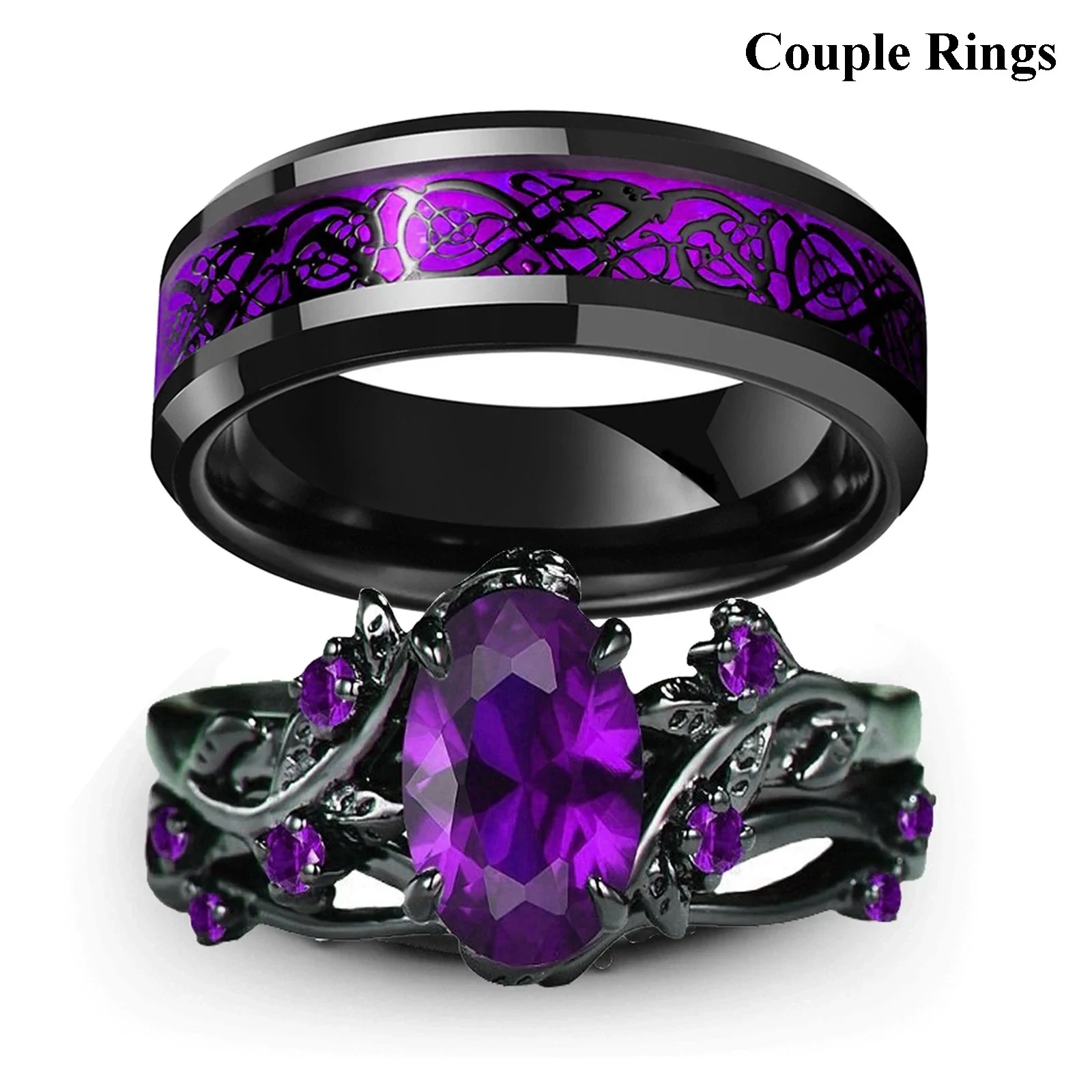 Charmante Paarringe Romantische Damenringe mit Lila Strass CZ-Steinen Trendige Herrenringe aus Edelstahl mit Keltischem Drachenmotiv Hochzeitsschmuck – Detail 3