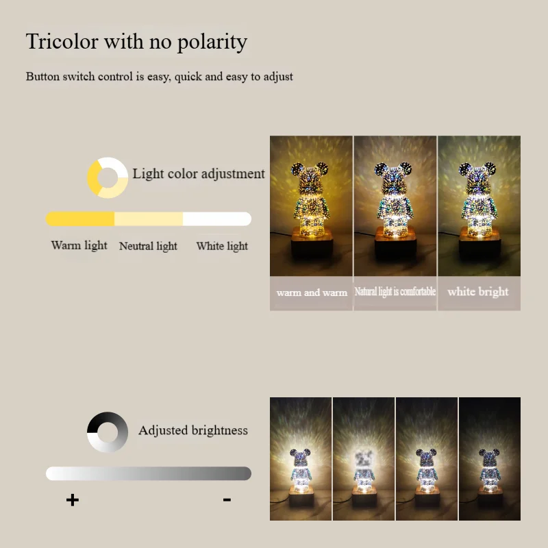 3D Fireworks LED Night Light Bear Ambient Light 3 Color Changing Modes Desk Lamp with USB Bear Decor Room