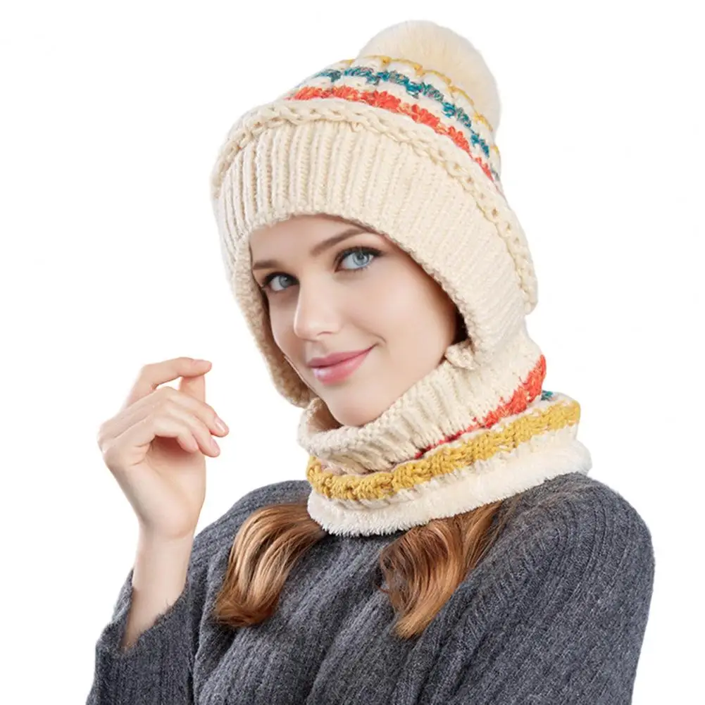 Women Ski Hat Women Winter Hat Women’s Winter Ski Hat with Long Scarf Full Face Guard Thermal Fleece Headgear Patchwork Color