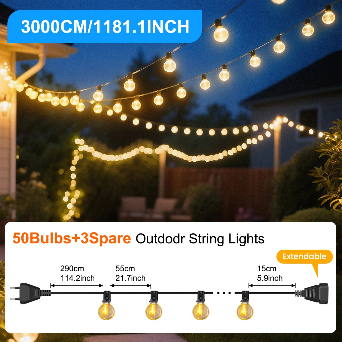30M/15M G40 LED Globe Lichtslingers Buiten met EU-stekker, waterdichte aaneenschakelbare hanglamp voor feesttuinbalkon