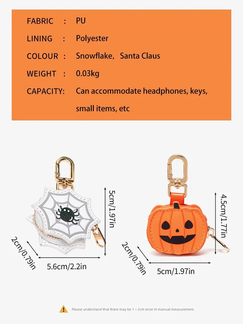 Halloween Jack‑o‑lantern Mini Coin Purse Keychain PU Leather Earphone Storage Bag Hanging Pendant Holiday Gift