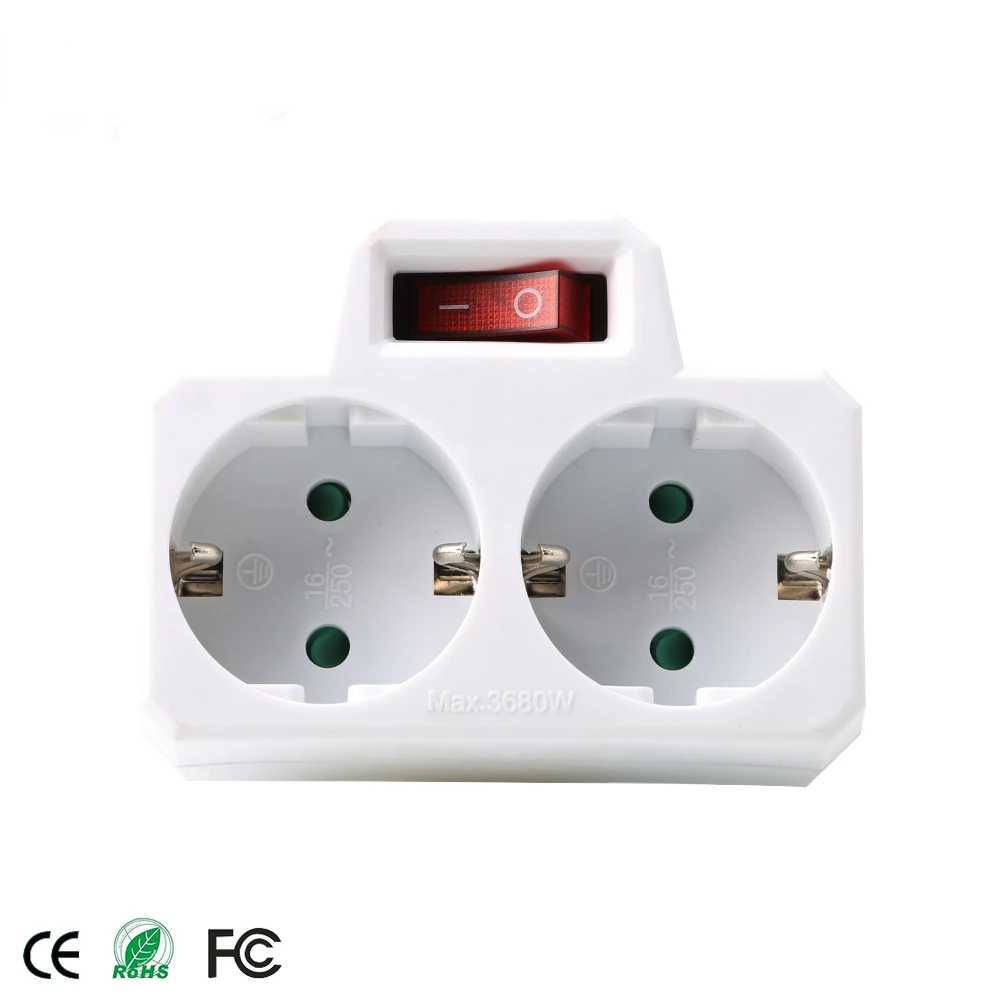 16A 1 TO 2 Way EU Plug Adapter Socket With ON/OFF Switch Travel Power Supply Socket 2 Pin European Electrical Sockets Converter