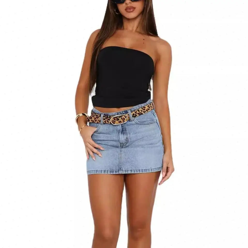 Washed Women Denim Skirt Distressed Skirts Solid High Waist Zipper Fly Straight Loose Fit 2025 Summer Casual Basics Pockets