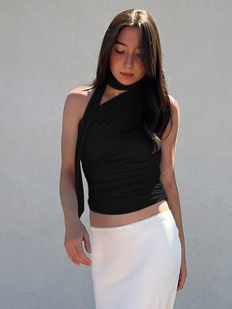 Casual Solid Halter Pleated Mini Top Women Sleeveless Scarf Collar Slanted Off Shoulder Backless Slim Vests  New Street Wear