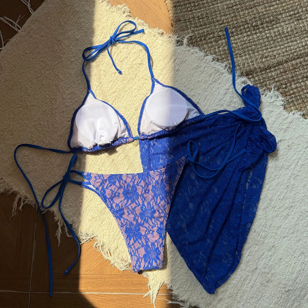 Netz-Sarong-Spitzen-Bikini mit Neckholder und hohem Beinausschnitt, Damen-Badeanzug, dreiteiliges Bikini-Set, Badebekleidung, Badeanzug, Schwimmanzug V6284H – Detail 22