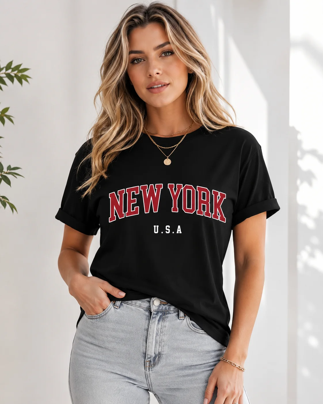 New York-Style Printed Womens Crew-Neck T-Shirt Casual Short-Sleeve Soft and Cute Fashionable Top Los Angeles-Style Letter Print - view 2