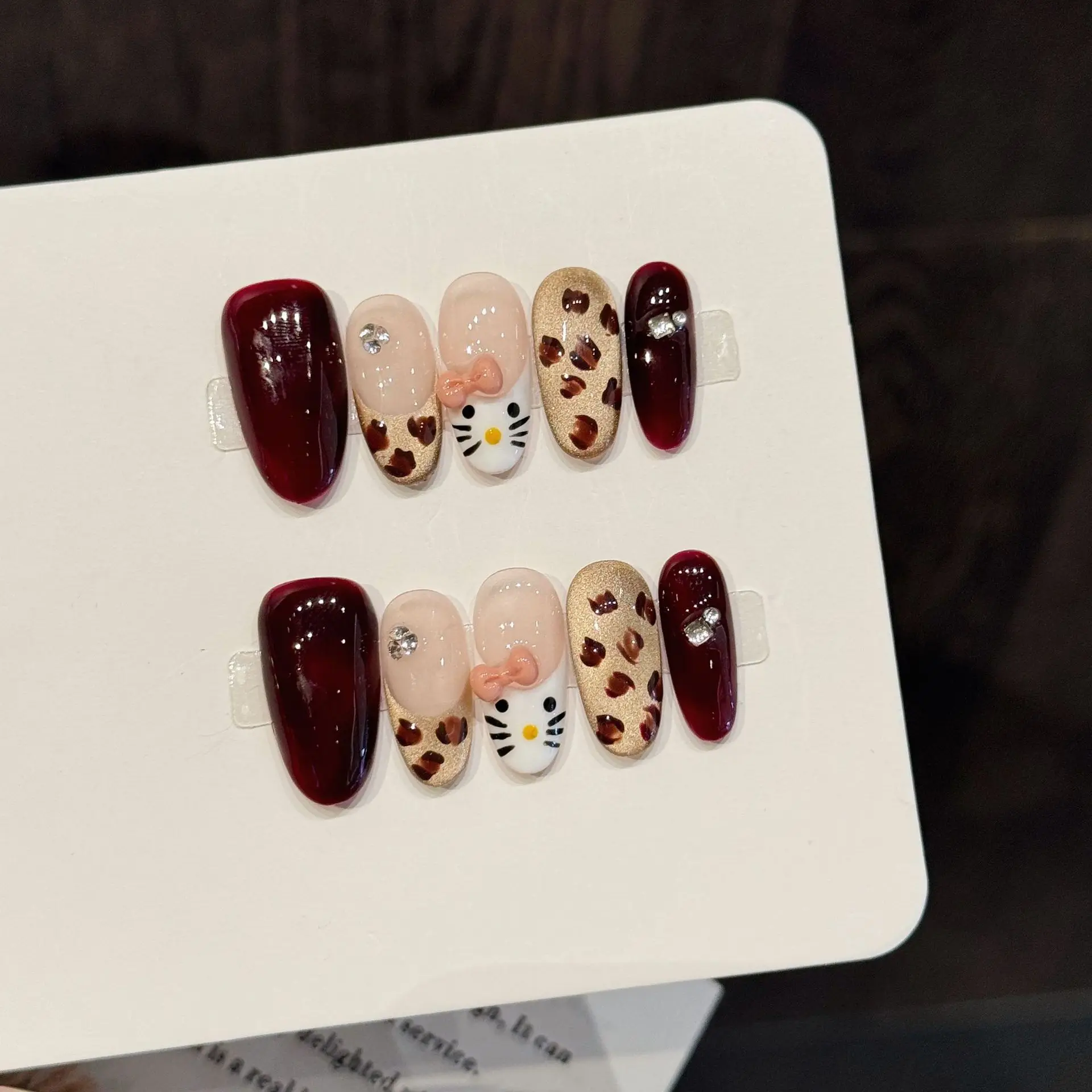 

10 PCS Luxury Handmade Press on Nails Middle Oval Wine red leopard print Design with 3-PIECE Tool Adhesive Nail Glue Tabs