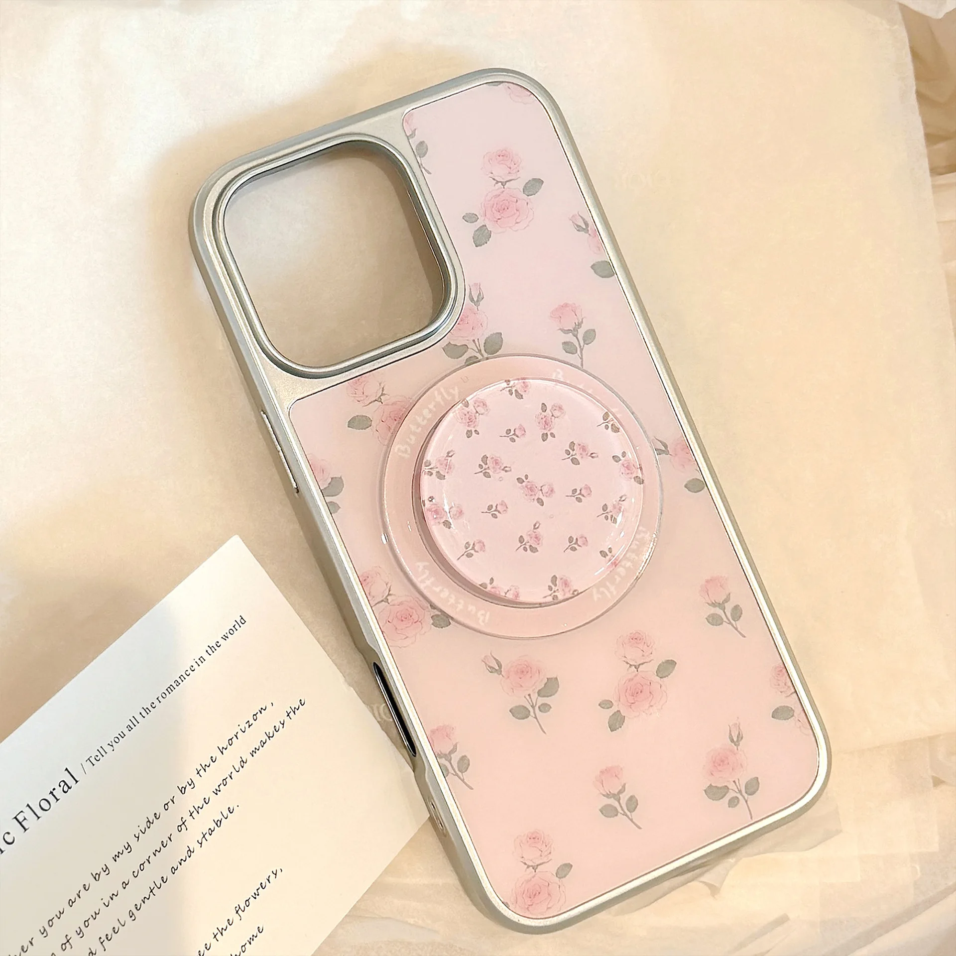 Koreanische rosa Rose Floral Silber Rand magnetische Halterung Handyhülle für iPhone 17, Air 16, 15, 14, 13, 12, Pro Max, stoßfeste Hartschale
