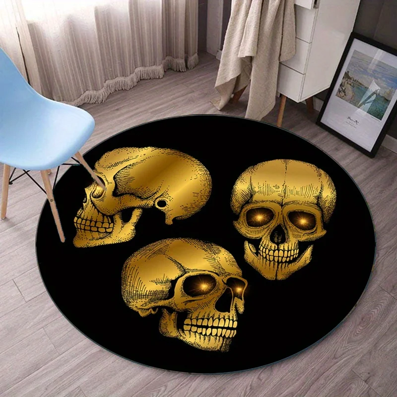 

Gold skull trio black round rug crystal velvet gothic horror decor bedroom floor mat dark aesthetic vintage style carpet
