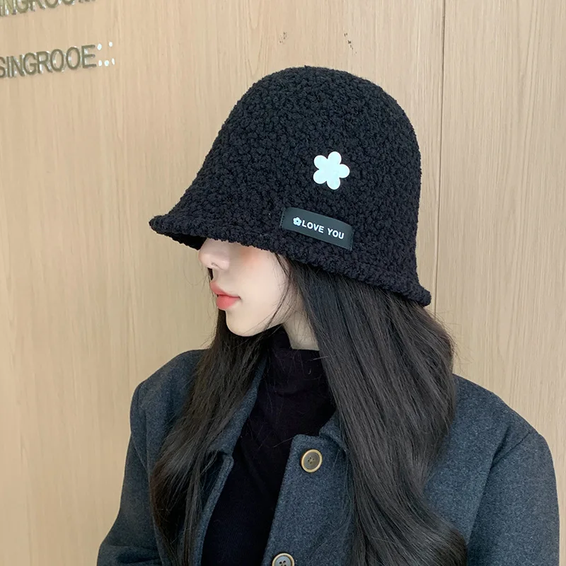 Autumn Winter Hat  Metal Label Plush Fisherman Cap Warm Face Small Bucket Women Outdoor Sports M513