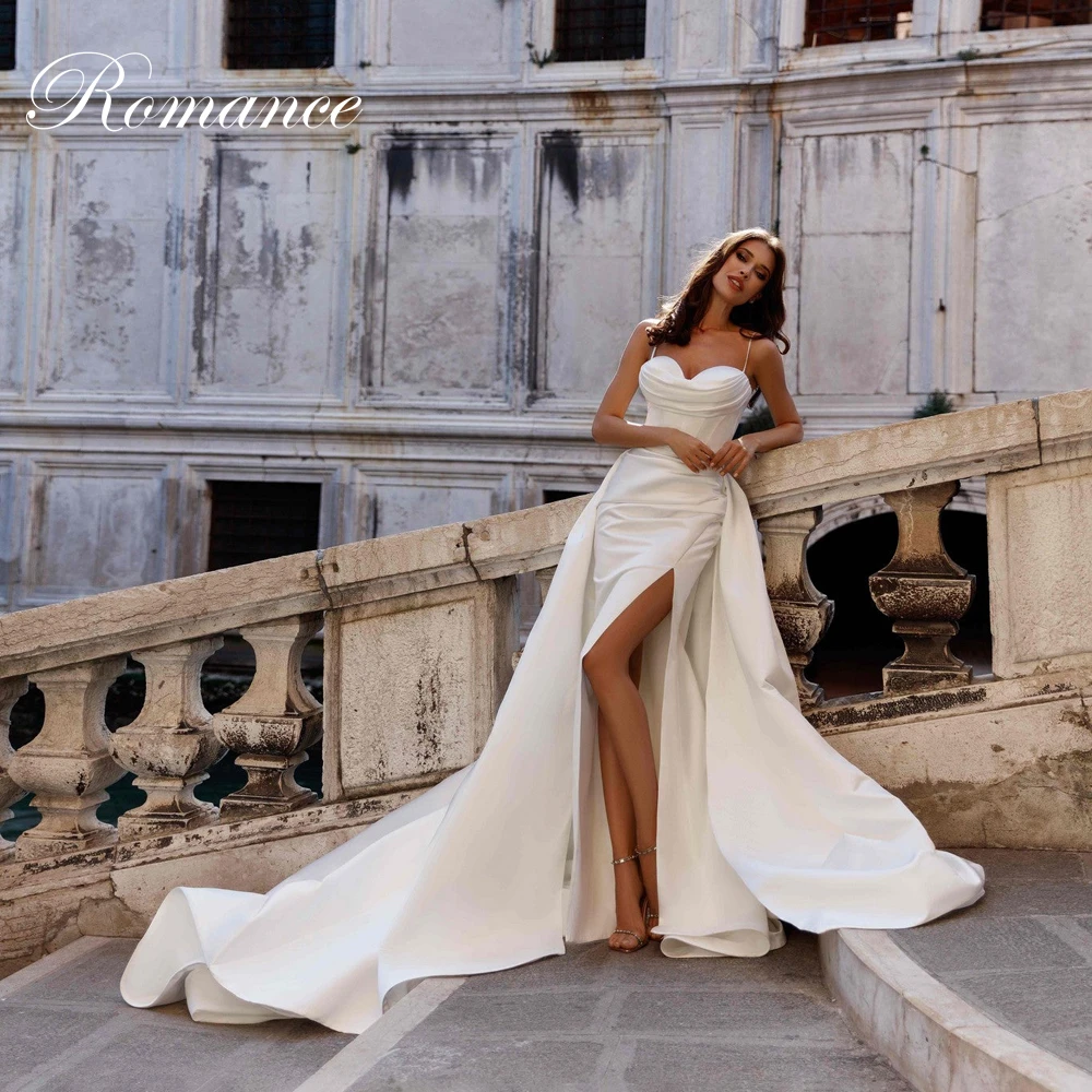 Eleganckie suknie ślubne w stylu syreny z plisami, na ramiączkach spaghetti, bez rękawów, z dekoltem w serce, odkrytymi plecami, wysokim rozcięciem, Vestidos De Novia, szyte na miarę.