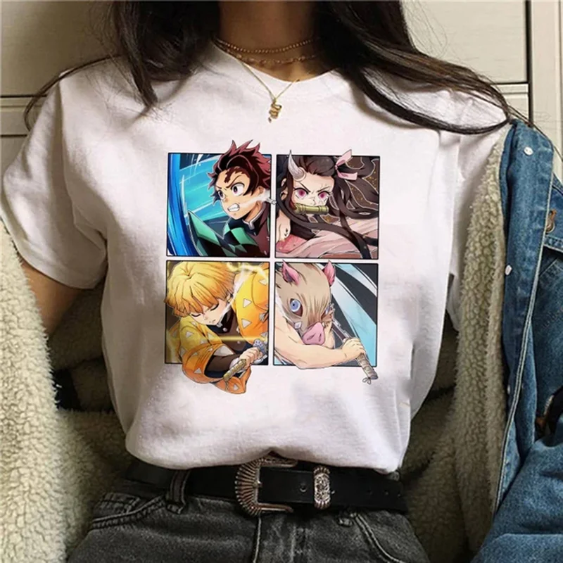 Camiseta con estampado de Nezuko de Demon Slayer para mujer, camisa de manga corta con cuello redondo, ropa de Anime japonés