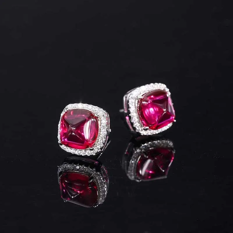 Jewelry S925 Sterling Silver Red Gemstone Sugar Tower Inlaid Diamond Pendant Earrings Main Stone 8*8