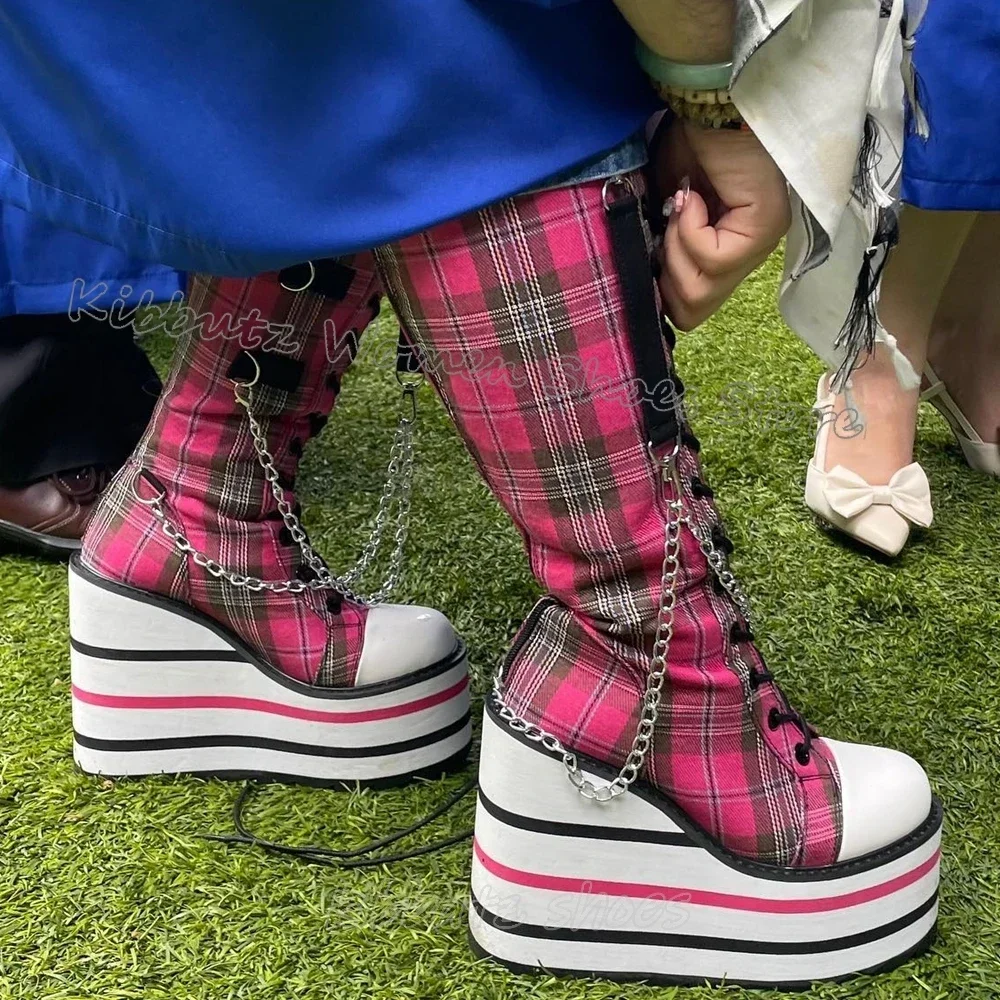 Plaid High Boots Knee High Novelty Sexy Fashion Hot Girls Pubs Party Women Shoes Round Toe Leather Slip-On Customize Color Sexy