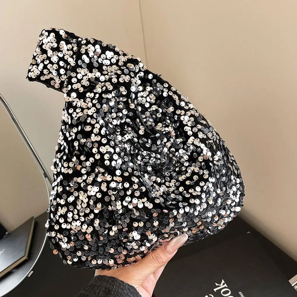 Bolso portátil con nudo de paillette, bolso de muñeca dorado y brillante, bolsa de almacenamiento portátil de estilo coreano dulce para niña