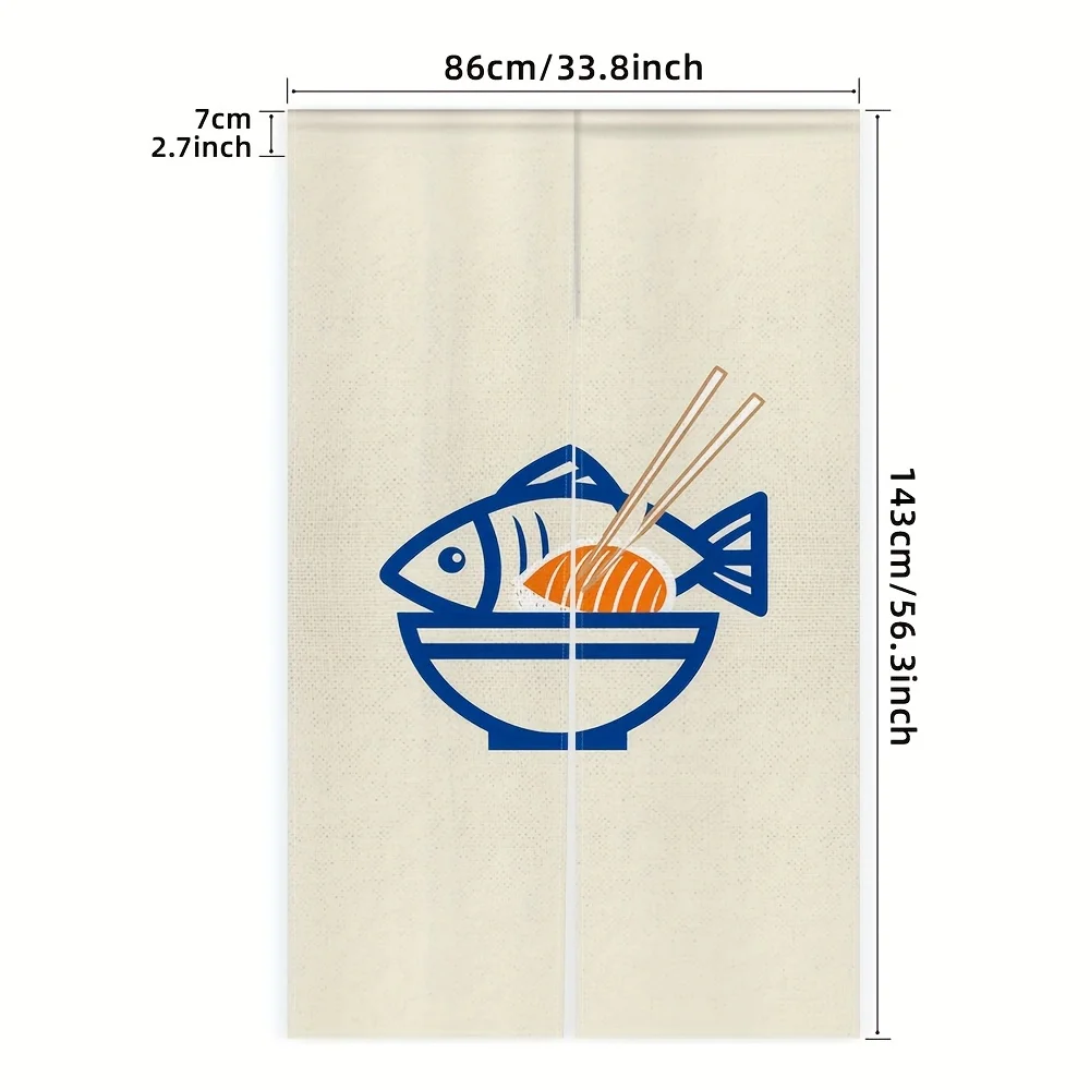 Sushi fish door curtain playful Japanese design fish, chopsticks and bowl pattern for kitchen, restaurant or tea room decoration