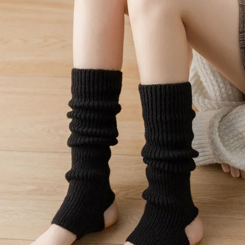 Winter Warm Knitted Leg Warmers for Women Girls Fashion Hollowed Out Foot Heel Leggings Thermal Knee High Socks Black White Gray