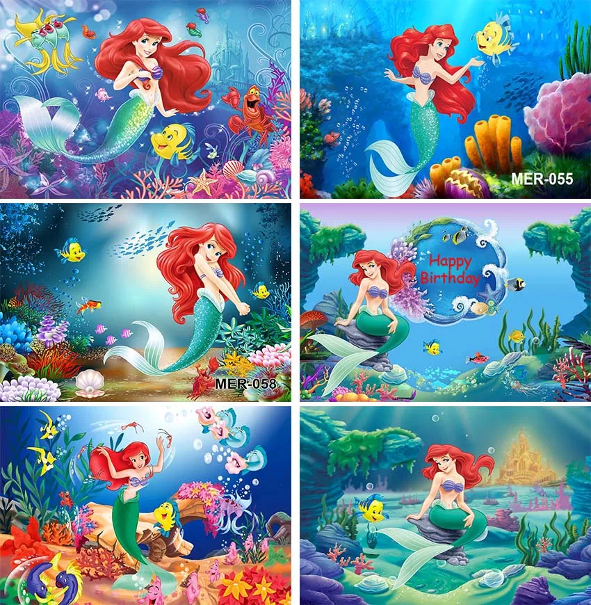 Disney Little Mermaid Ariel Princess Backdrop Girls Birthday Party Decoration Mermaid Background Photography Photo Studio Props