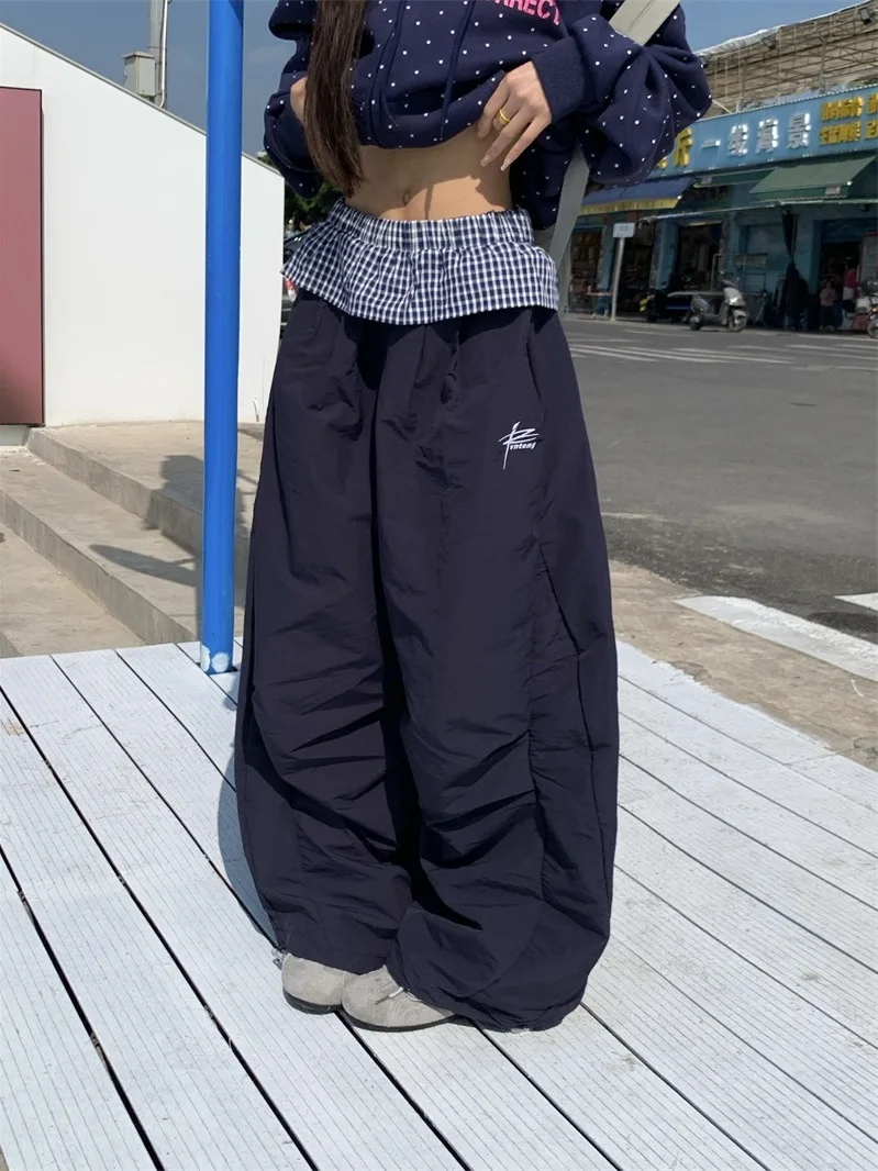 

American Style Fake Two-Piece Wide Leg Knife Pants Women Loose Versatile Slimming Pleated Casual Paratrooper Floor-Length Pants