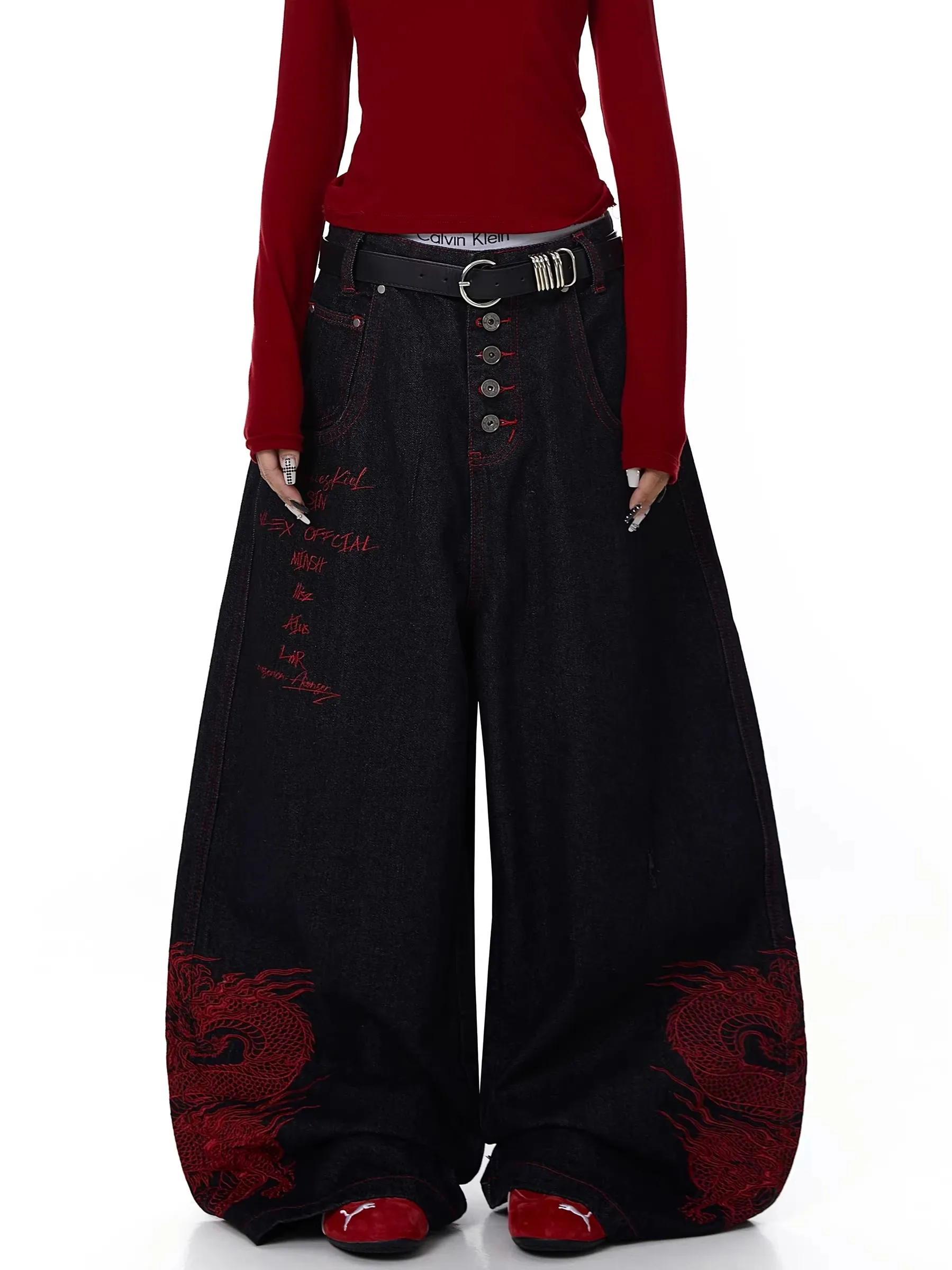 Retro American Red  Dragon Pattern Embroidery Button Knife  Jeans Loose Wide Leg Long Pants Men's Design Trendy Brand