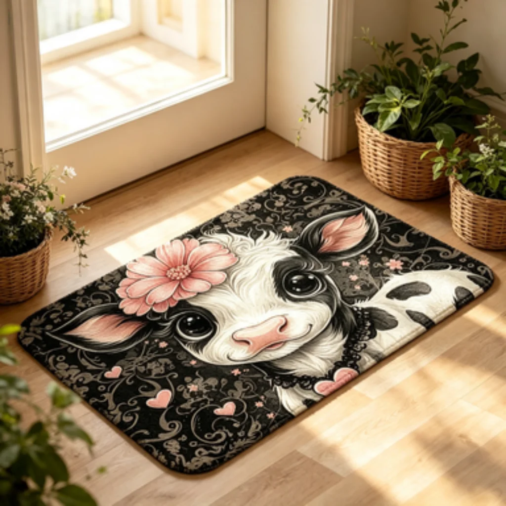 Cute Cow Daisy Mat, Floral Cow Door Mat, Lace Bow Bedroom Mat, Blue Wave Bubble Rug, Caramel Cow Silhouette Mat.