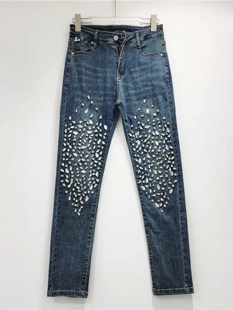 DEAT Fashion New Items Women's Diamonds Design Jeans 2024 Autumn Trendy High Waist Solid Color Denim Pants Female 33A1629