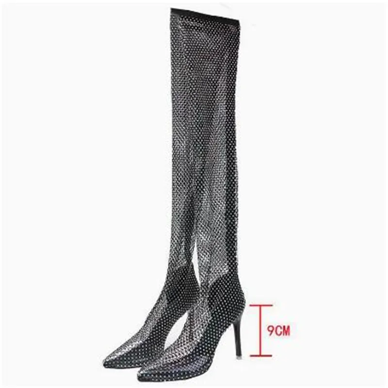 Boots Women New Rhinestone Fishnet Decor Stiletto High Heel Knee Hollow Sandals Full Mesh Woman Thigh High Over The Knee Sandals