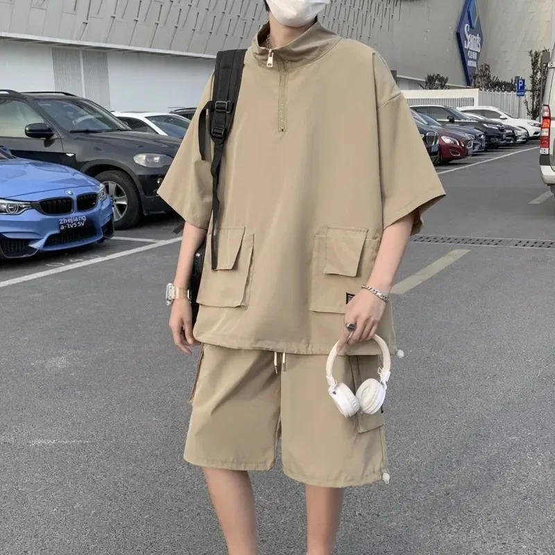 

Модный комплект футболок на молнии с короткими рукавами для пар, свободная мужская весенне-летняя модная брендовая повседневная рабочая одежда