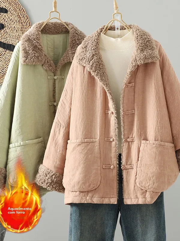 new-chinese-sle-faionable-linen-versatile-plaid-fur-collar-insulated-cotton-jaet-double-ket-buttoned-long-sve-cot