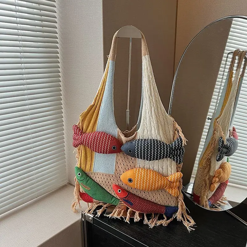 Small fish knitted storage bag fashionable fringed splicing large capacity satchel women's bag
