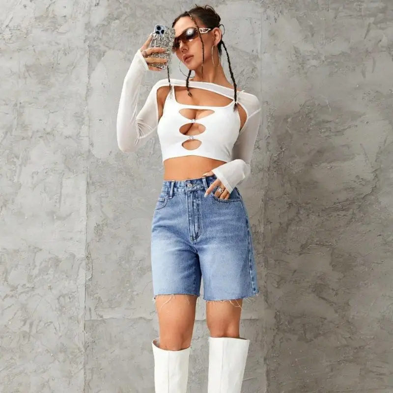 Fashionable High-Waisted Women's Denim Shorts Five-Quarter Length Casual Leisure Cross-Border Summer Clothing High Waist
