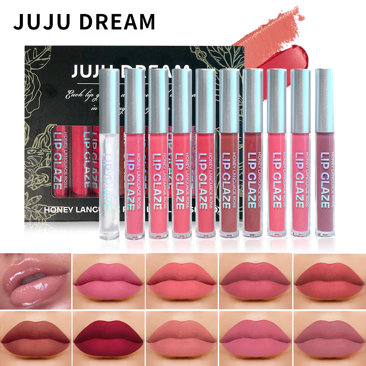 JUJU DREAM 10 قطعة مجموعة ملمع الشفاه الوردي العسل طويلة الأمد ماتي المخملية أحمر الشفاه مقاوم للماء مجموعة ملمع الشفاه ترطيب ملمع الشفاه