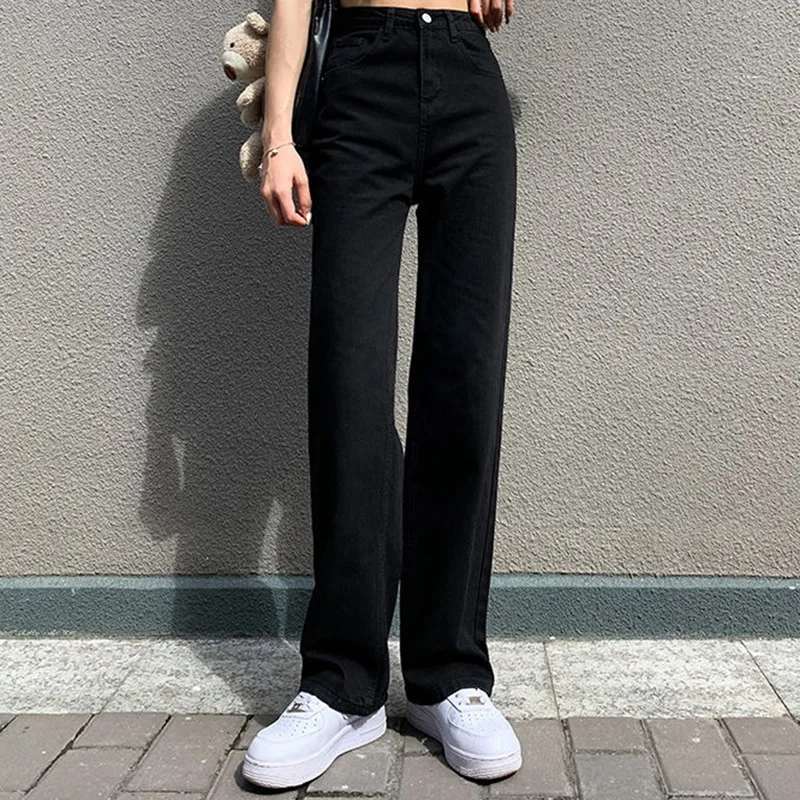 Ins Narrow Edition Woman Loose Trousers Female Students Versatile Denim Pants Lady Black Casual Preppy Style Wide Leg Jeans Size