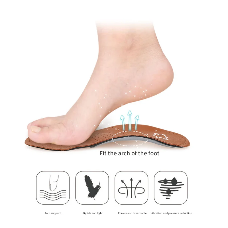 Brown cowhide shoe pad flat and full arch pad XO fits the arch of the foot, men's and women's sports and leisure insoles