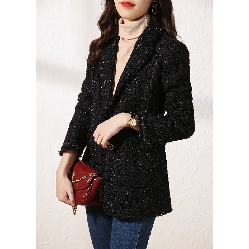 Imagem -03 - Jaqueta Preta Irene Tweed para Mulheres Top Perfumado Pequeno Cabolsa Curto Vintage de lã Lapela Elegante Streetwear Casual Outwear Justo