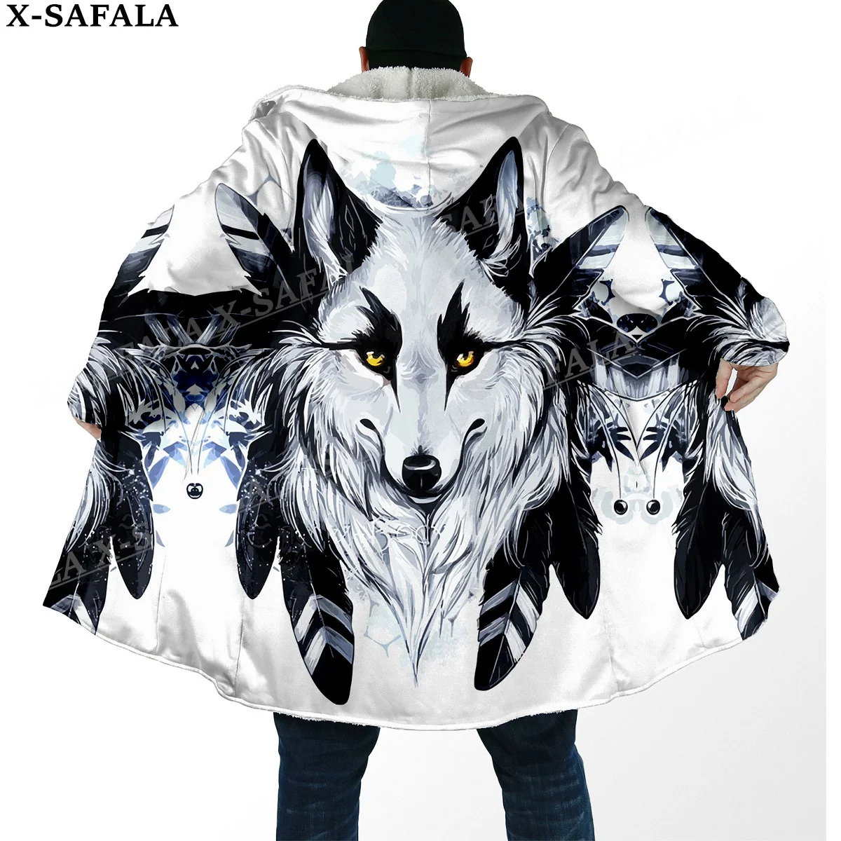 Tribal Native Chief Spirit Skull/Wolf Thick Warm Hooded Cloak Men Overcoat Coat Windproof Fleece Cape Robe Hooded Blanket-6