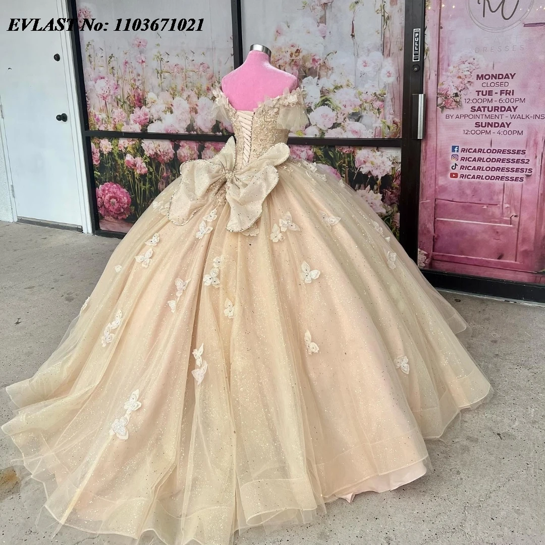 EVLAST-vestido De Quinceañera De champán mexicano, vestido De baile, apliques De mariposa 3D, corsé De lazo con cuentas, dulce 16, SQ371