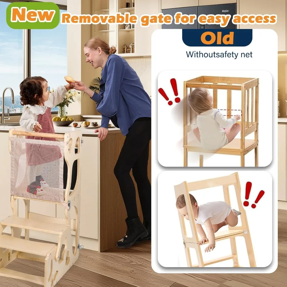 Toddler Tower, Kids Kitchen Step Stool Helper with Safety Net, Foldable Kitchen Learning Standing Stool, Toddler Ladder Anti-til