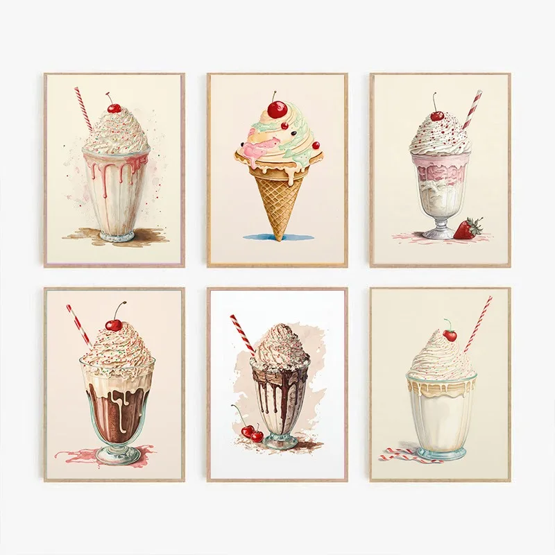 Póster de comida de acuarela para decoración del hogar, imágenes artísticas de pared, pintura en lienzo, cono de helado de batido, Chocolate, fresa, cereza