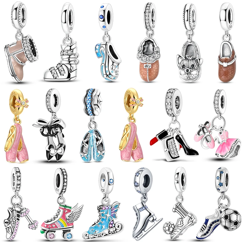 

Hot 925 Sterling Silver Sneakers Pink Ballet Skates Shoes Roller Skates Skateboard Charms Fit Original Bracelet Jewelry Fashion