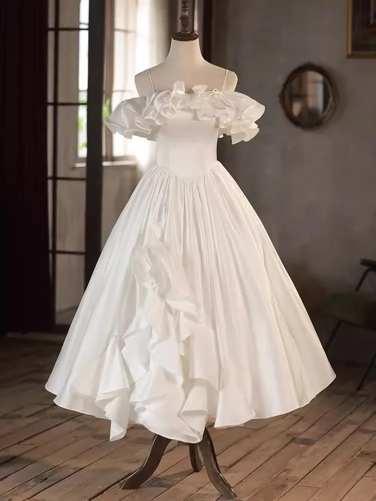 Customized Simple Women Wedding Party Dresses Ruffle Neck  Puffy Tea Length Bride Bridal Gown Birthday Party Prom Formal Wear