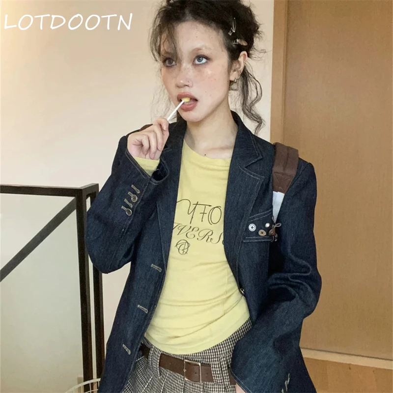 LOTDOOTN Y2k Estetica Gialla T-shirt Anni 2000 Giapponese Harajuku Tees Camicia Grunge Lettera Stampa Manica Lunga Magliette E Camicette E-girl Streetwear