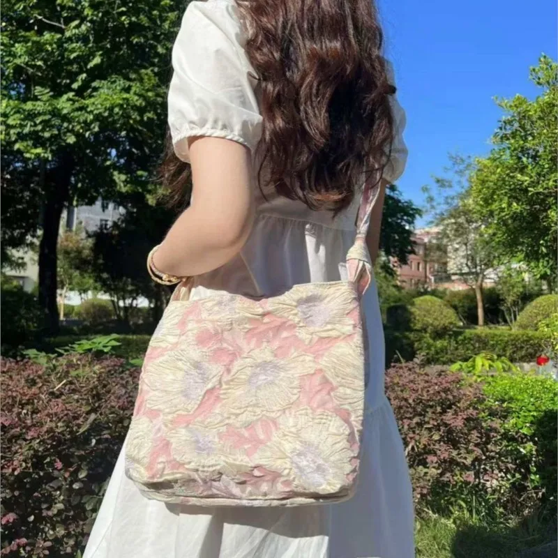 Ins-Style Retro Blumenmuster Schultertasche für Damen Rosa Ölgemälde-Leinwand Große Kapazität Umhängetasche Damen Mode Einkaufstasche Neu
